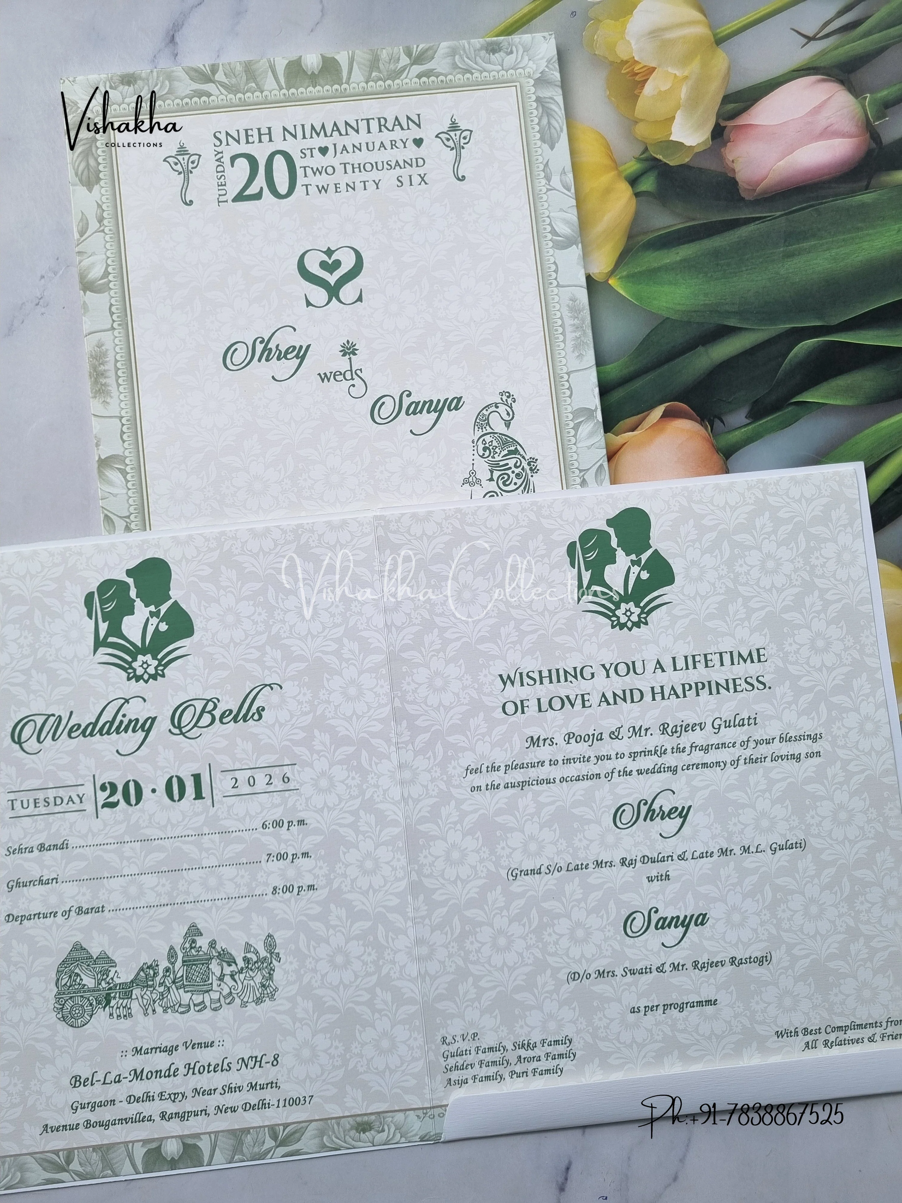 Semi Box Flower Hindu Muslim Christian Sikh Pastel Green Colored invitation Cards NA-1125-147 - Image 3