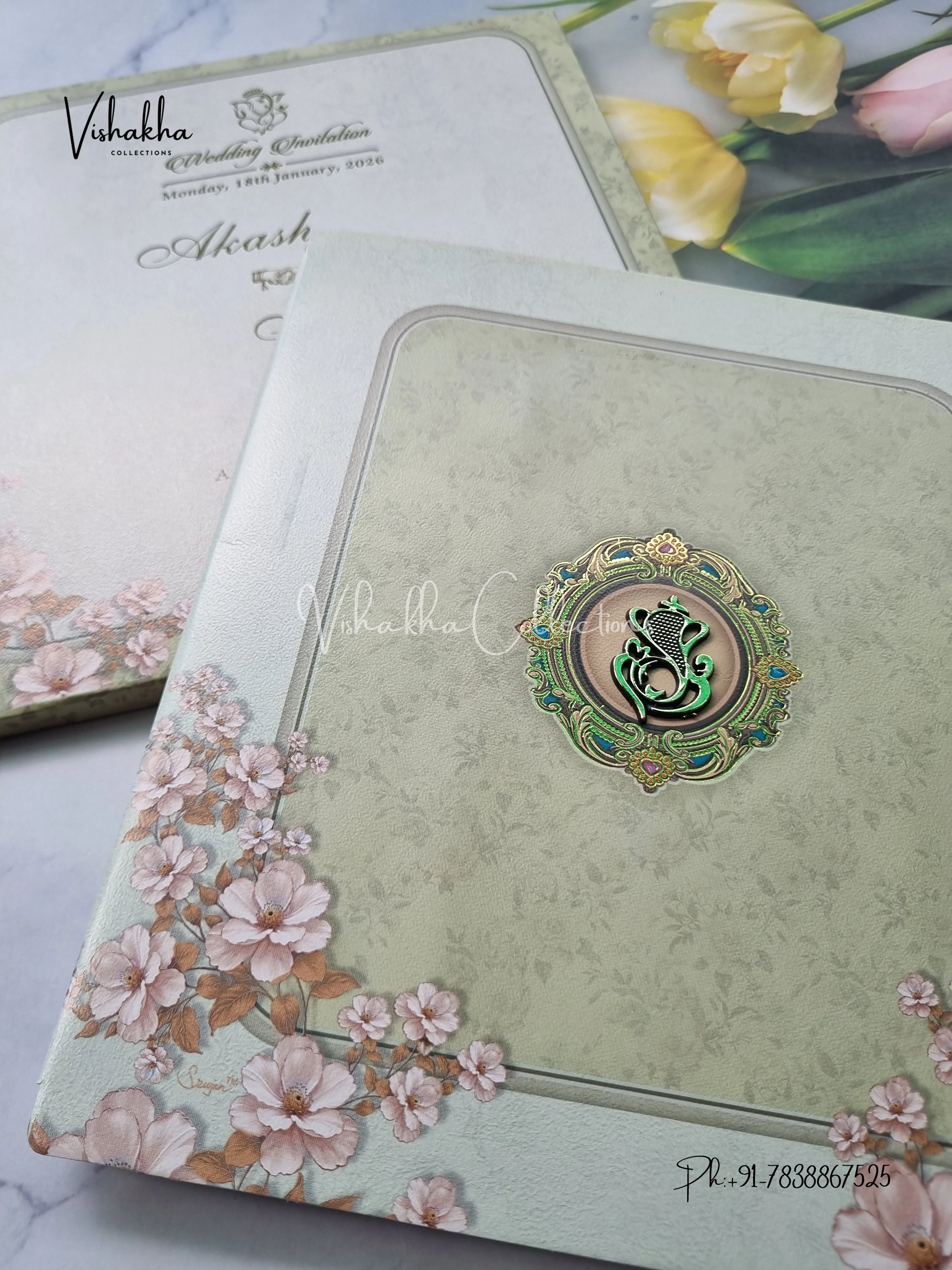 Semi Box Flower Hindu Muslim Christian Sikh Pastel Green Colored invitation Cards NA-1125-84 - Image 2