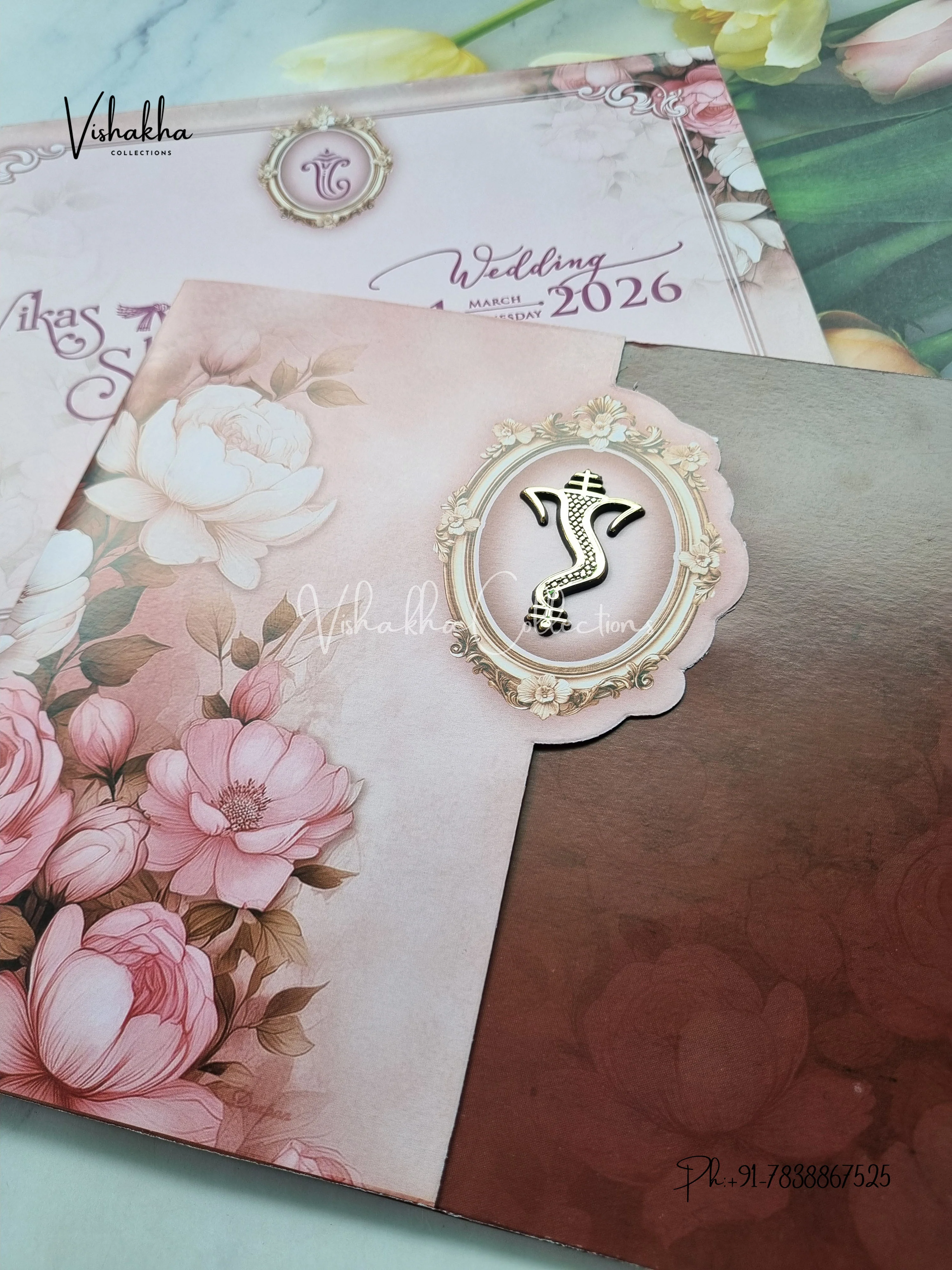 Semi Box Flower Hindu Muslim Christian Sikh Pink And Purple Colored invitation Cards NA-1125-131 - Image 2