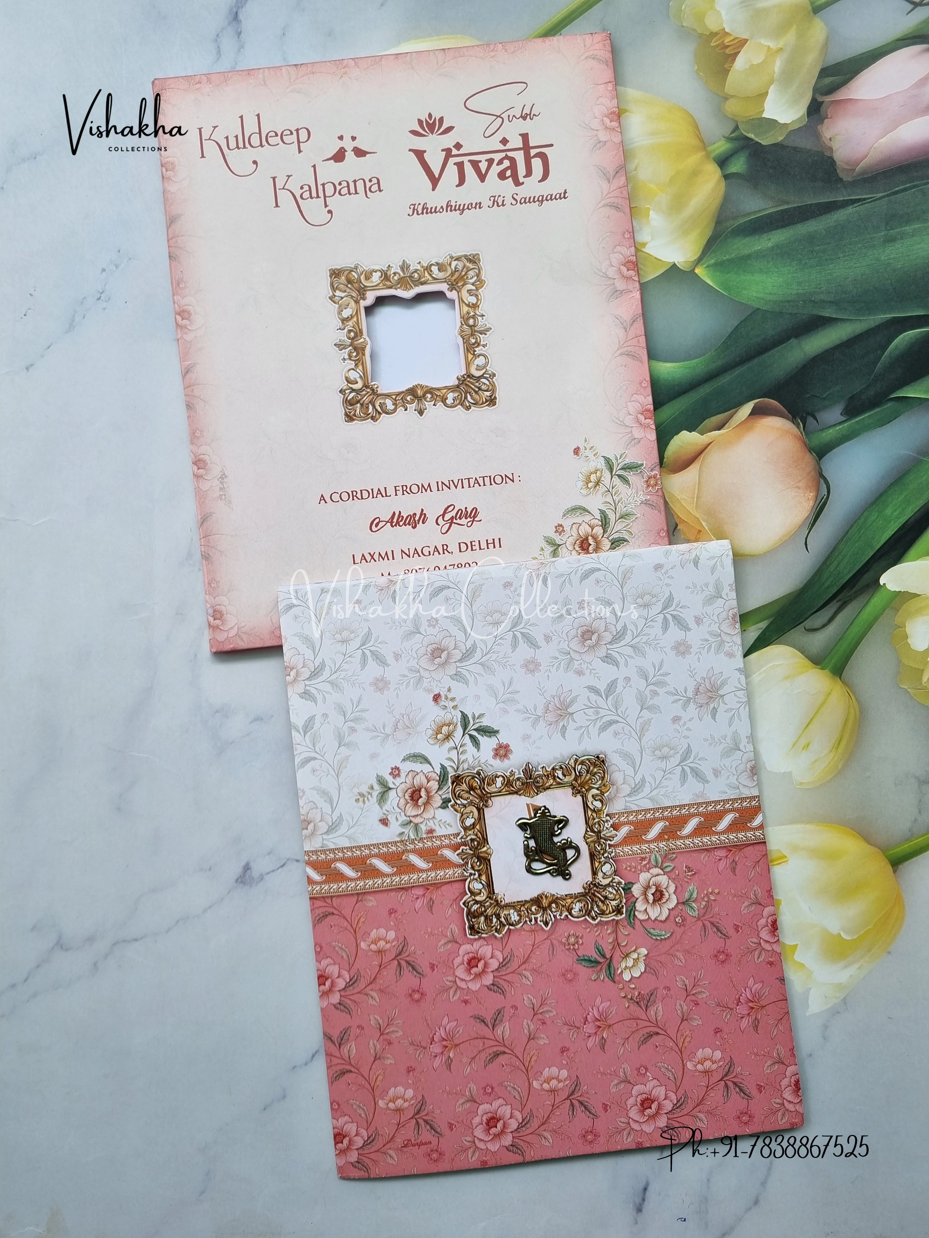 Semi Box Flower Hindu Muslim Christian Sikh Pink And White Colored invitation Cards NA-1125-133