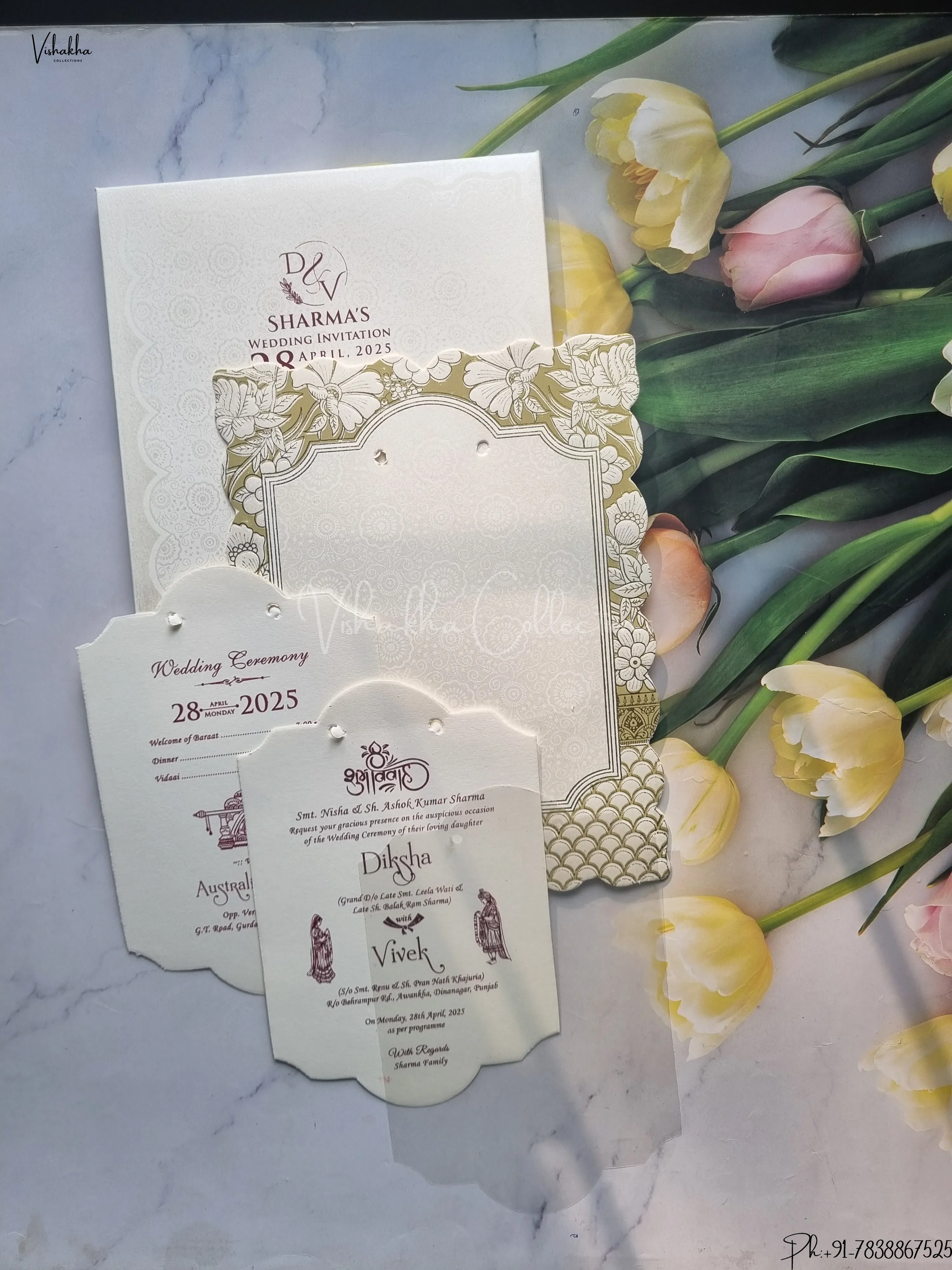 Semi Box Ganesh Ji Dulah Dulhan Flower Hindu Light Brown Colored wedding invitation Cards GS-140 - Image 2