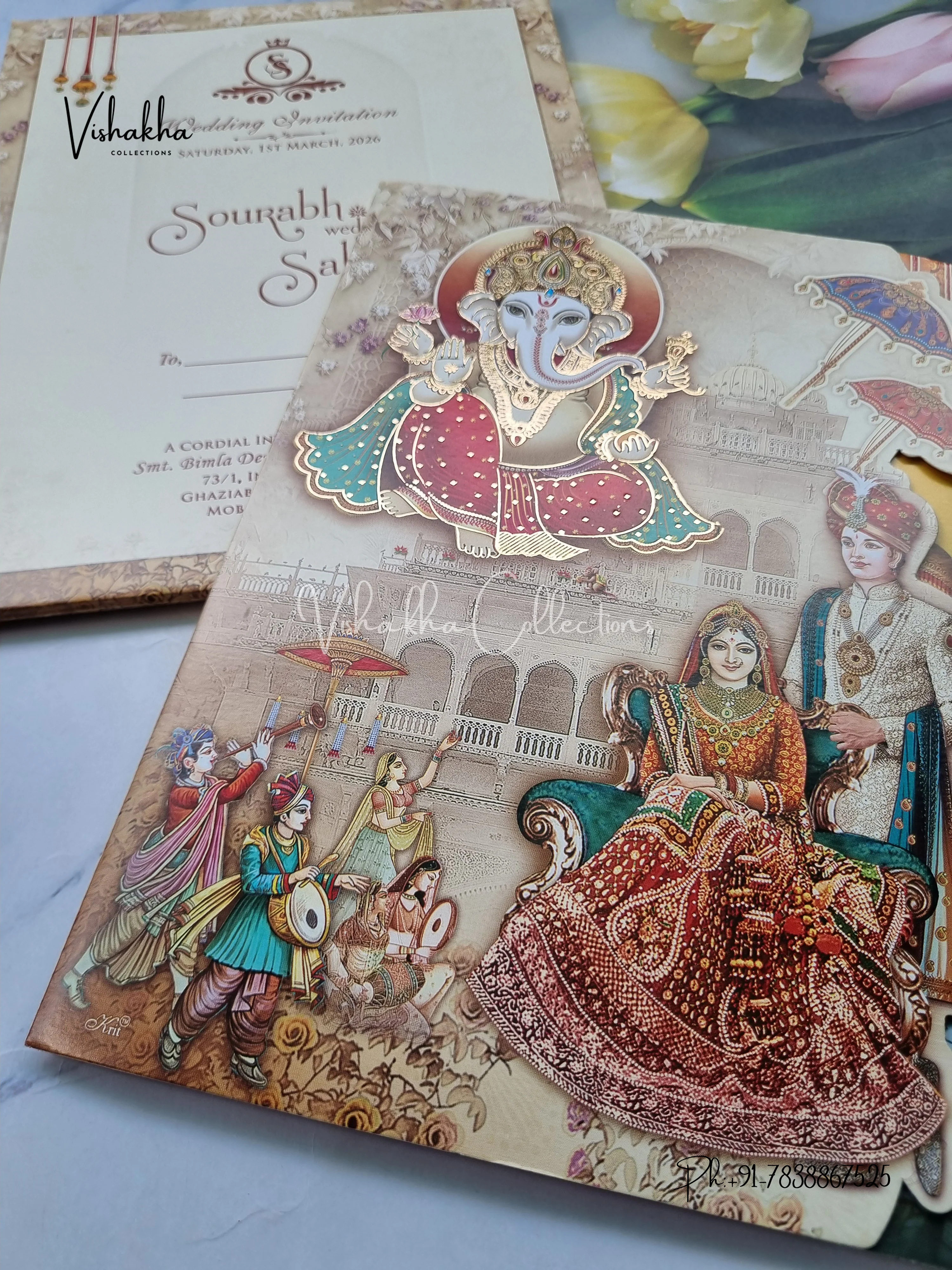 Semi Box Ganesh Ji Dulah Dulhan Hindu Light Yellow Colored invitation Cards NA-1125-67 - Image 2