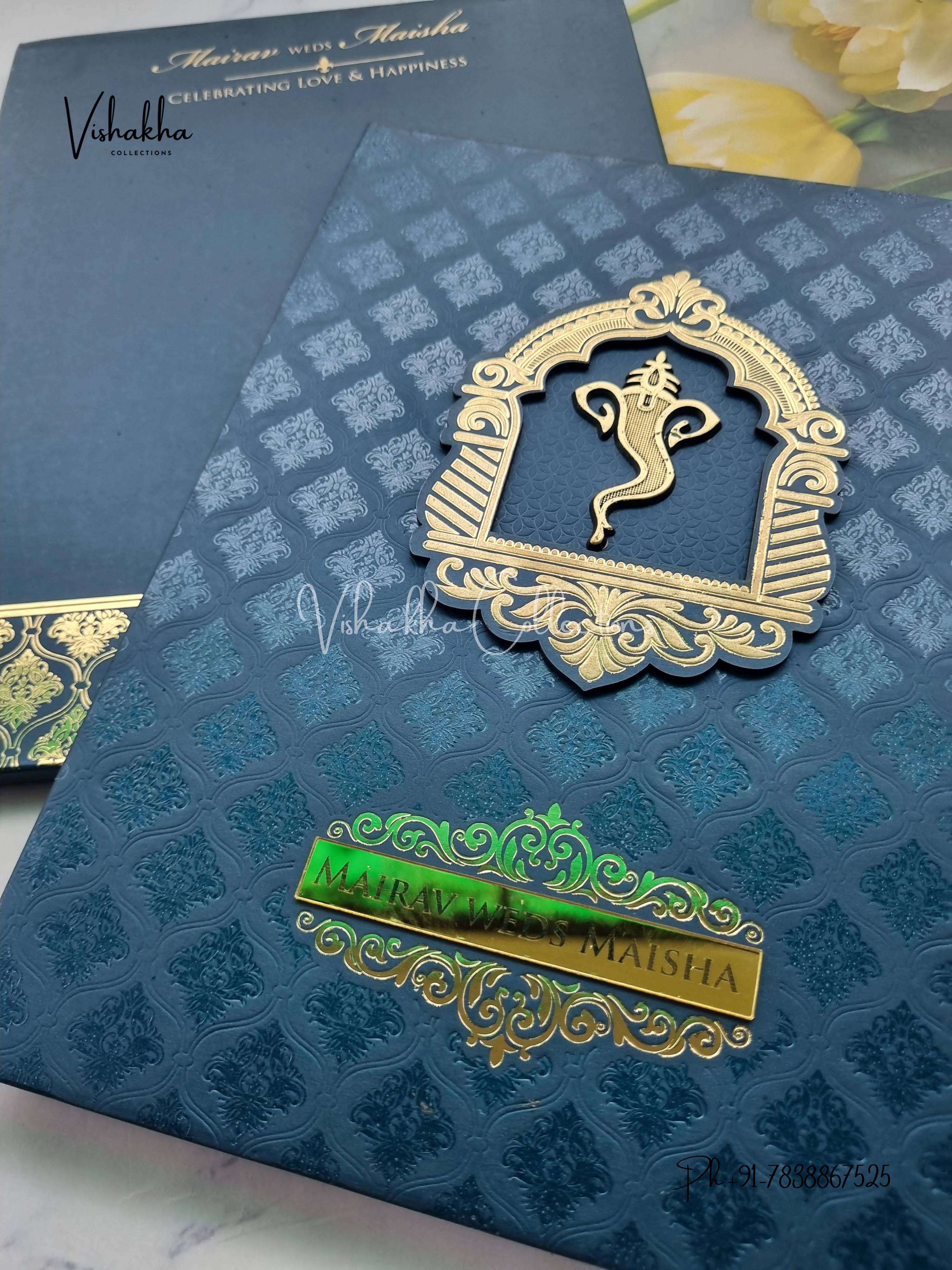 Semi Box Ganesh Ji Hindu Padded royal blue Colored invitation Cards SK-3529 - Image 2