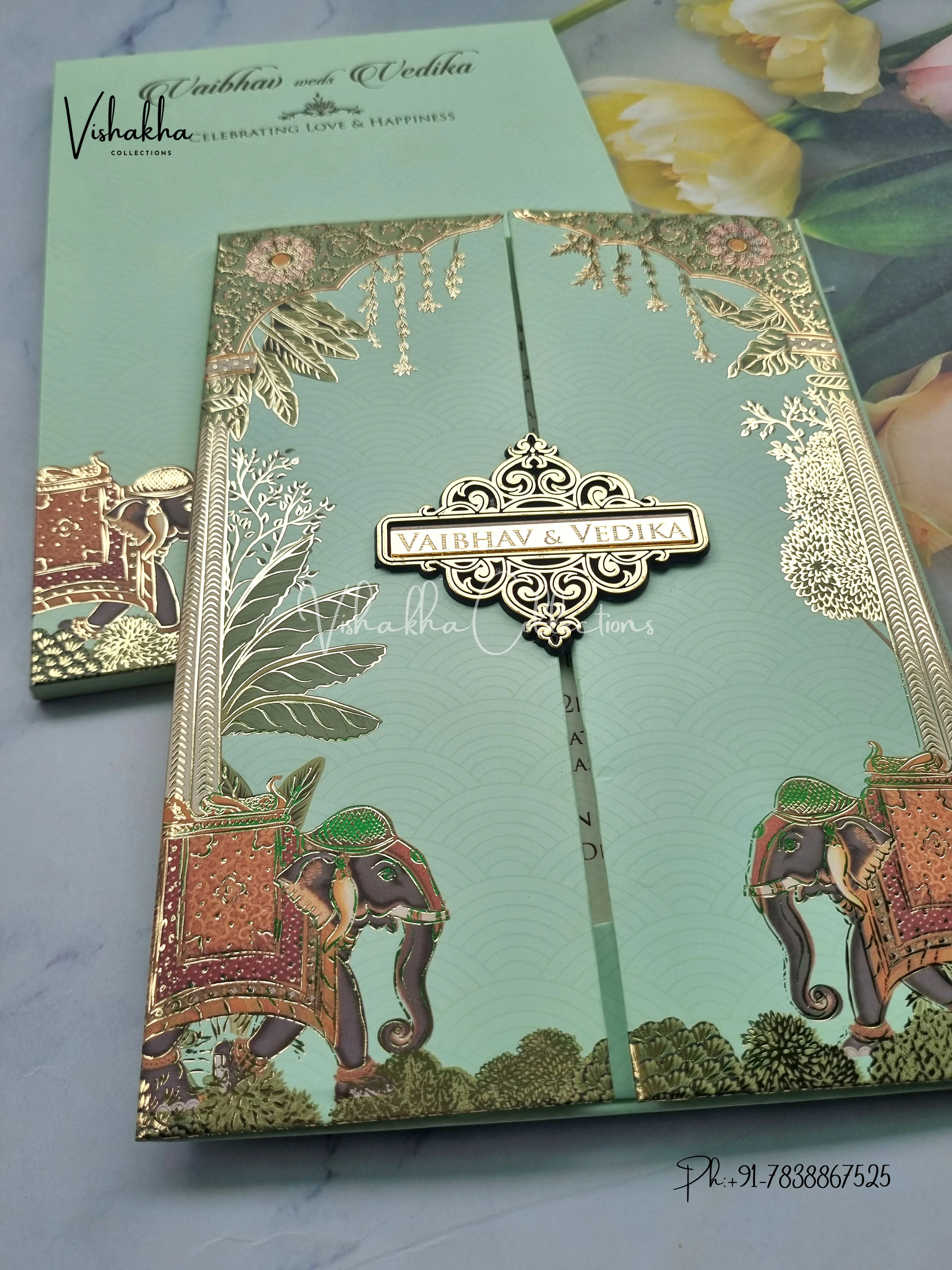 Semi Box Hathi Double Door Hindu Muslim Christian Sikh pista green Colored invitation Cards SK-3299 - Image 2