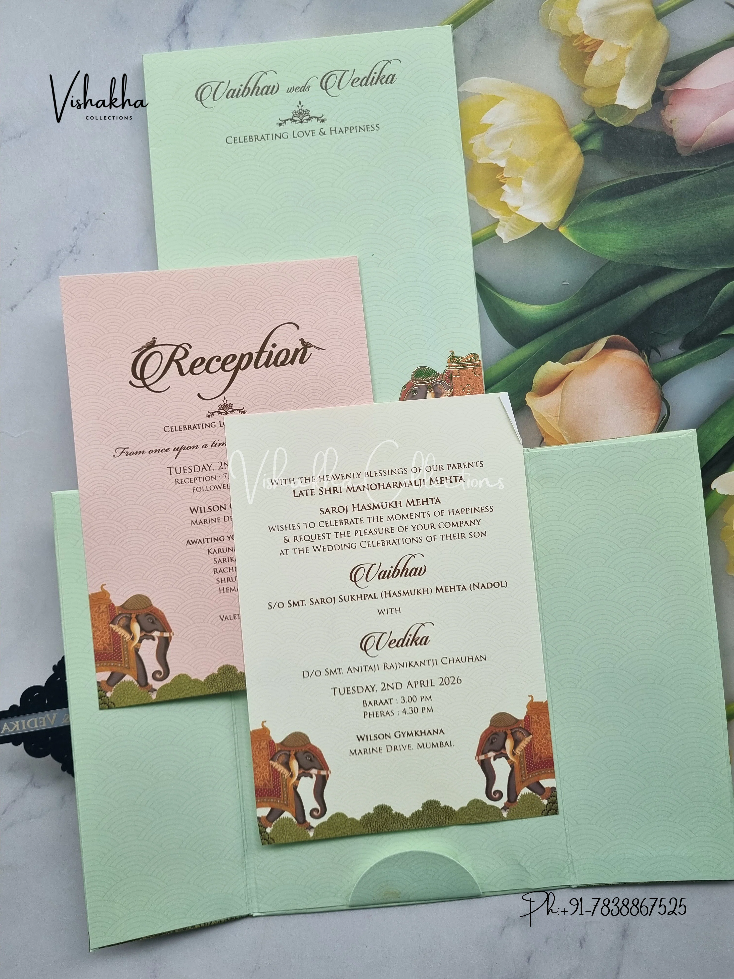 Semi Box Hathi Double Door Hindu Muslim Christian Sikh pista green Colored invitation Cards SK-3299 - Image 3