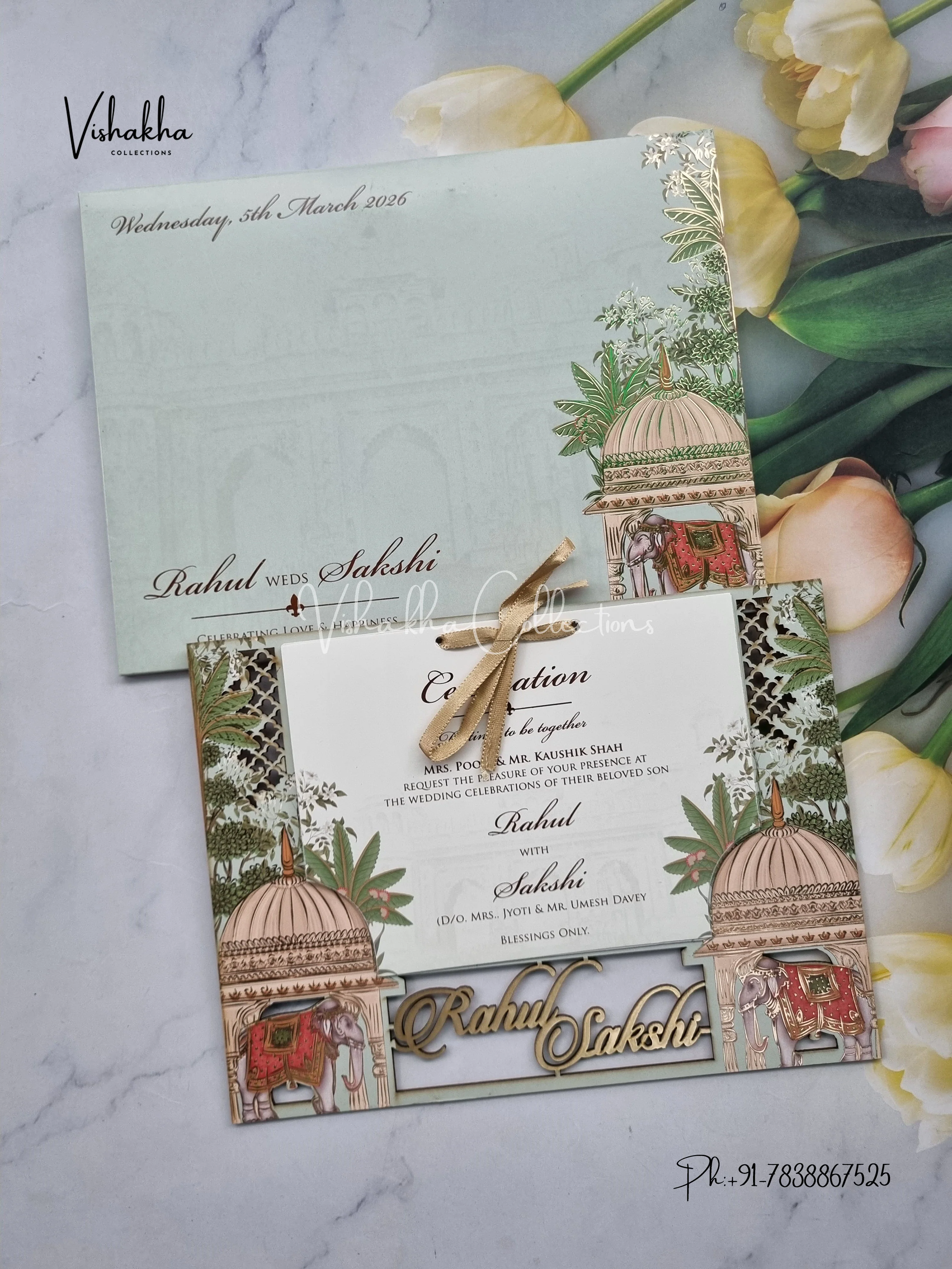 Semi Box Hathi Hindu Muslim Christian Sikh Named MDF Laser Cut light green Colored invitation Cards SK-3357