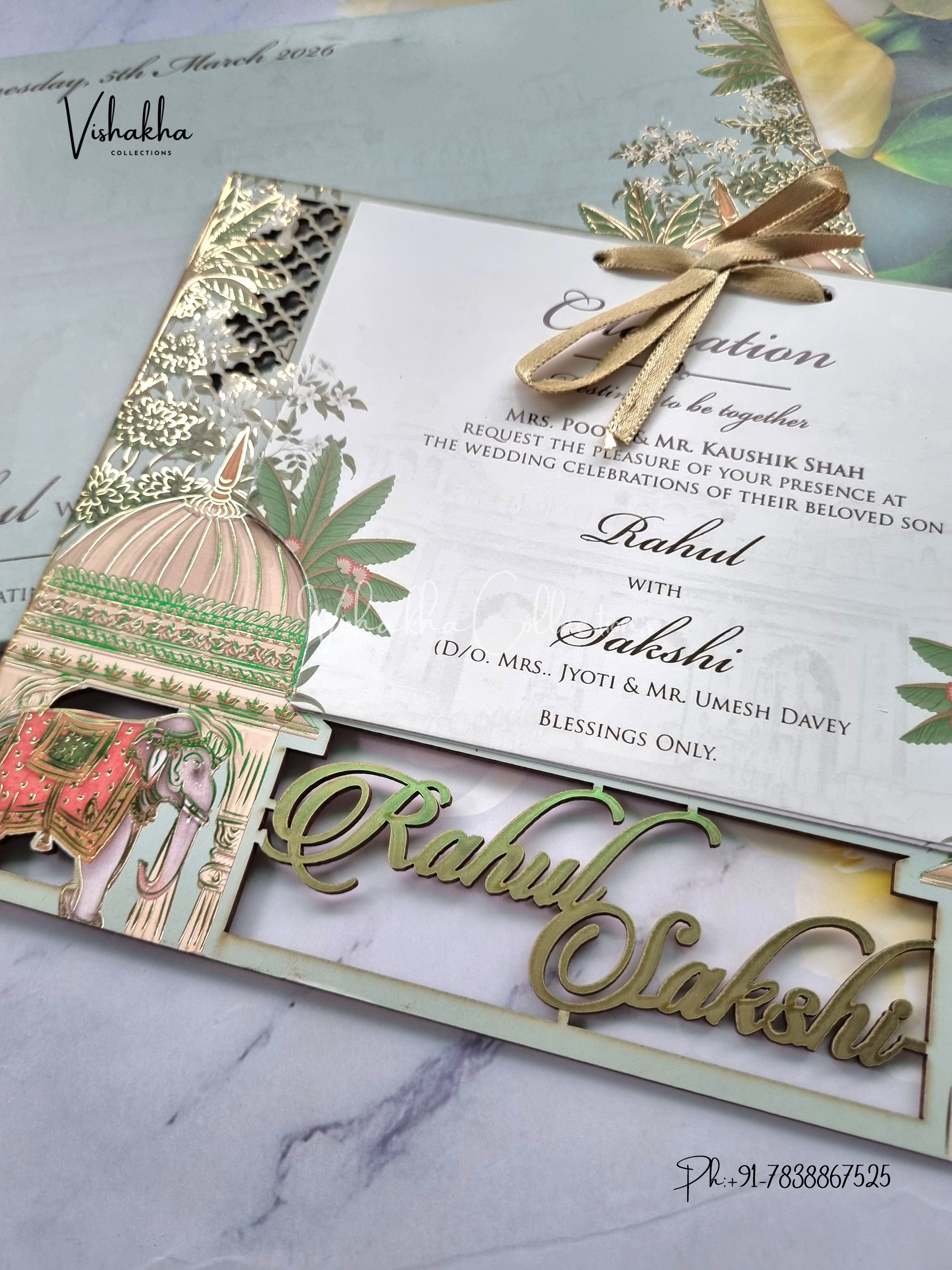 Semi Box Hathi Hindu Muslim Christian Sikh Named MDF Laser Cut light green Colored invitation Cards SK-3357 - Image 2