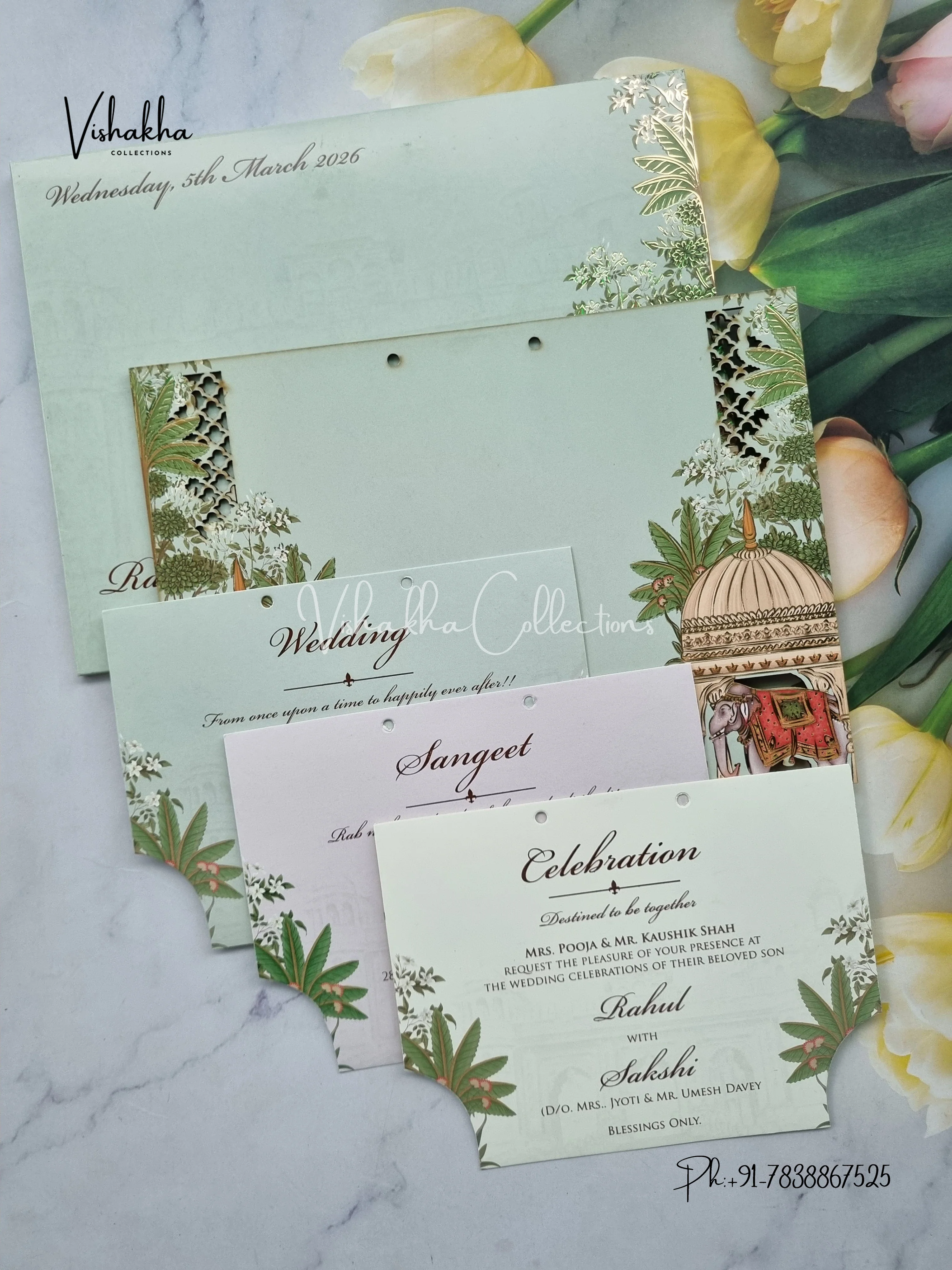 Semi Box Hathi Hindu Muslim Christian Sikh Named MDF Laser Cut light green Colored invitation Cards SK-3357 - Image 3