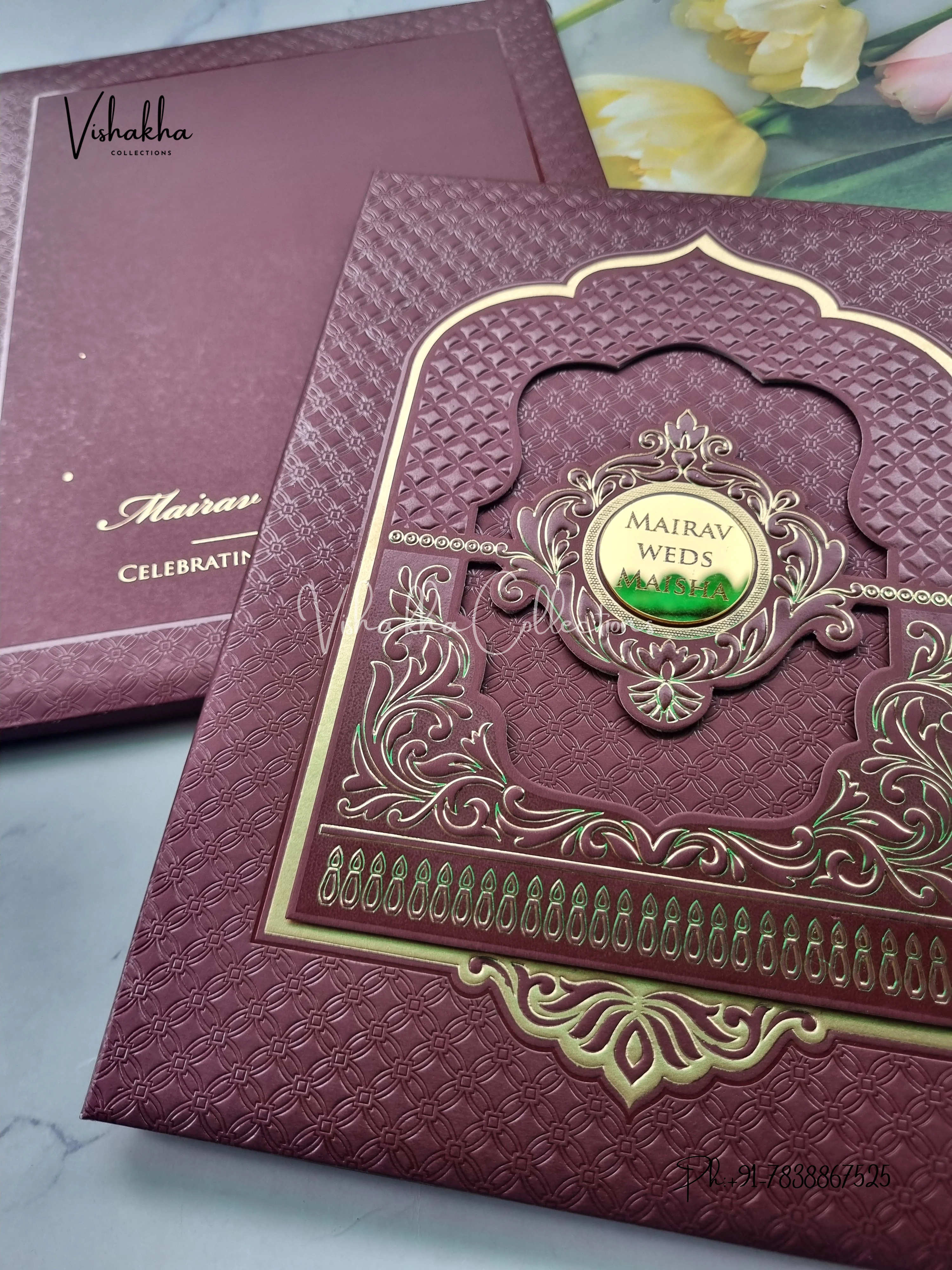Semi Box Hindu Muslim Christian Sikh Padded wine Colored invitation Cards SK-3535 - Image 2
