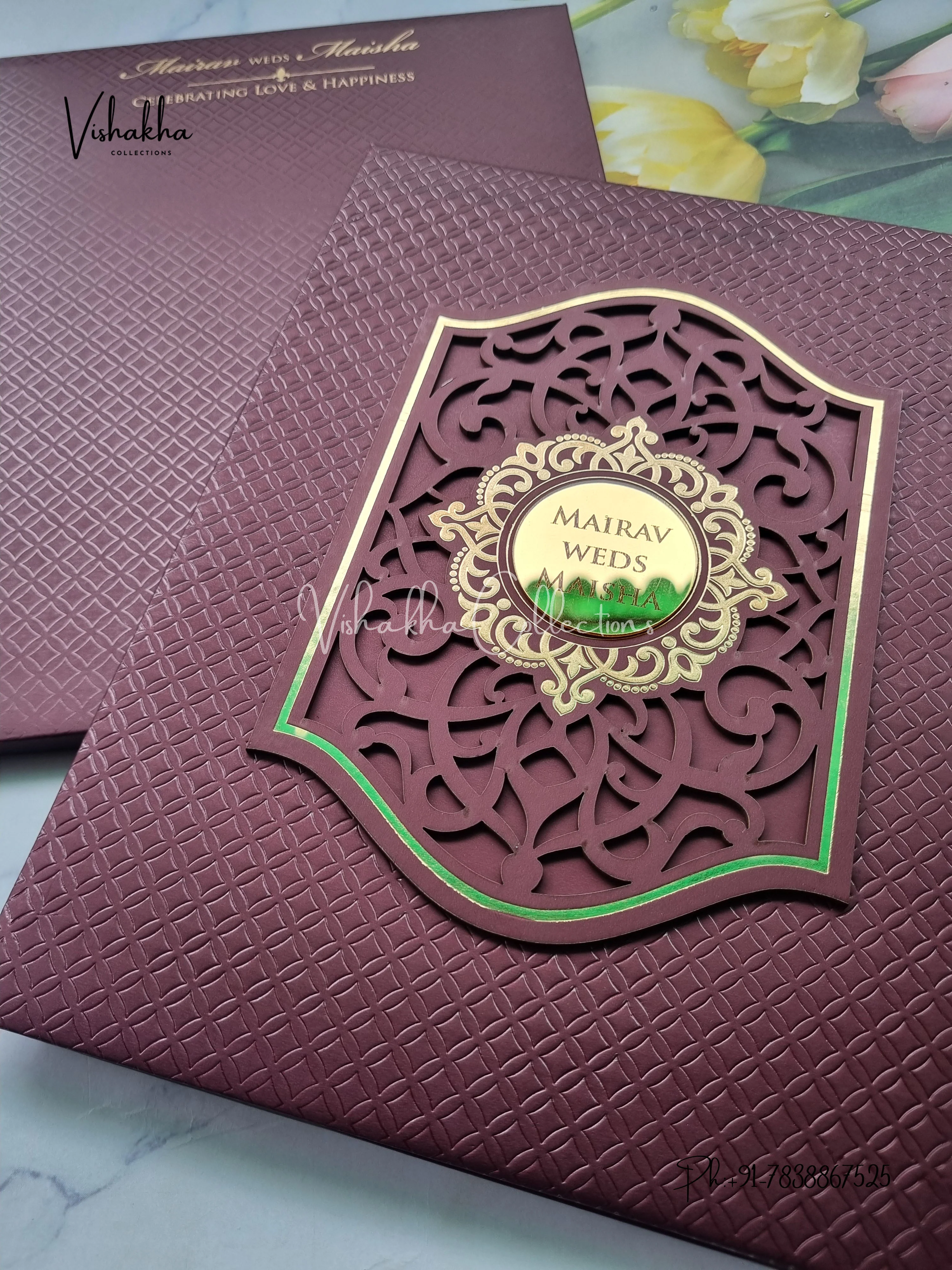 Semi Box Hindu Muslim Christian Sikh Padded wine Colored invitation Cards SK-3540 - Image 2