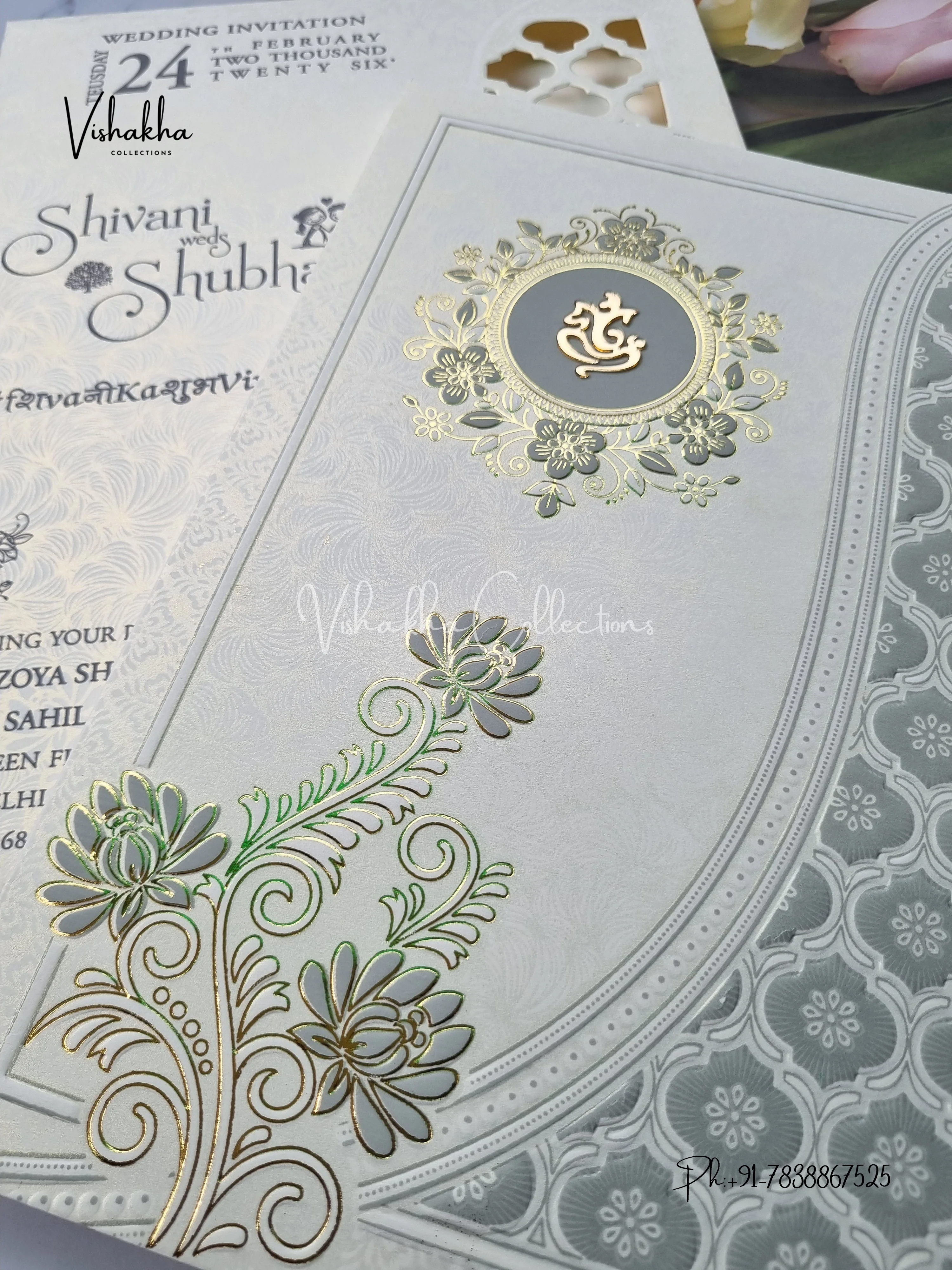 Semi Box White And golden Hindu Muslim Christian Sikh invitation Cards ATS-1754 - Image 2