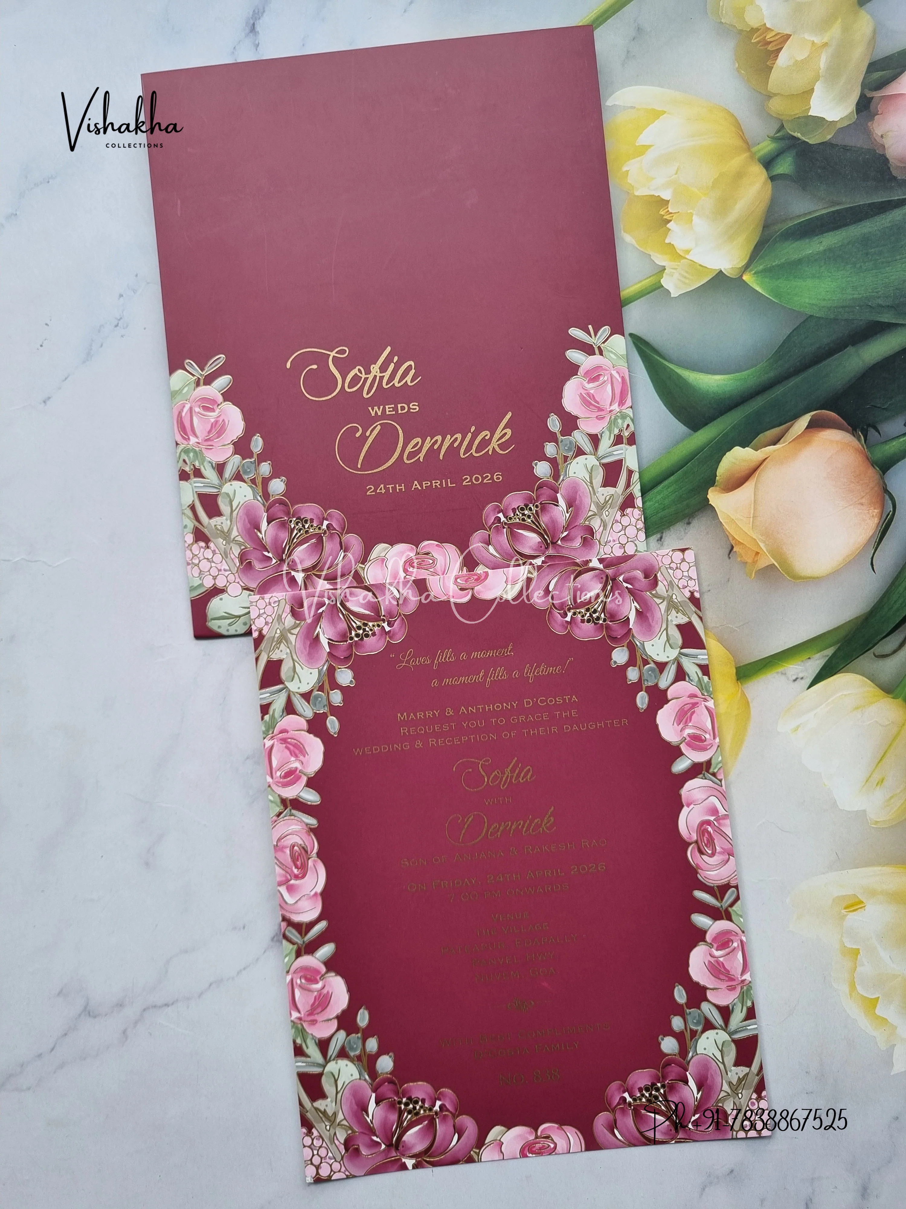 Single Insert Flower Hindu Muslim Christian Sikh Colored invitation Cards LN-838