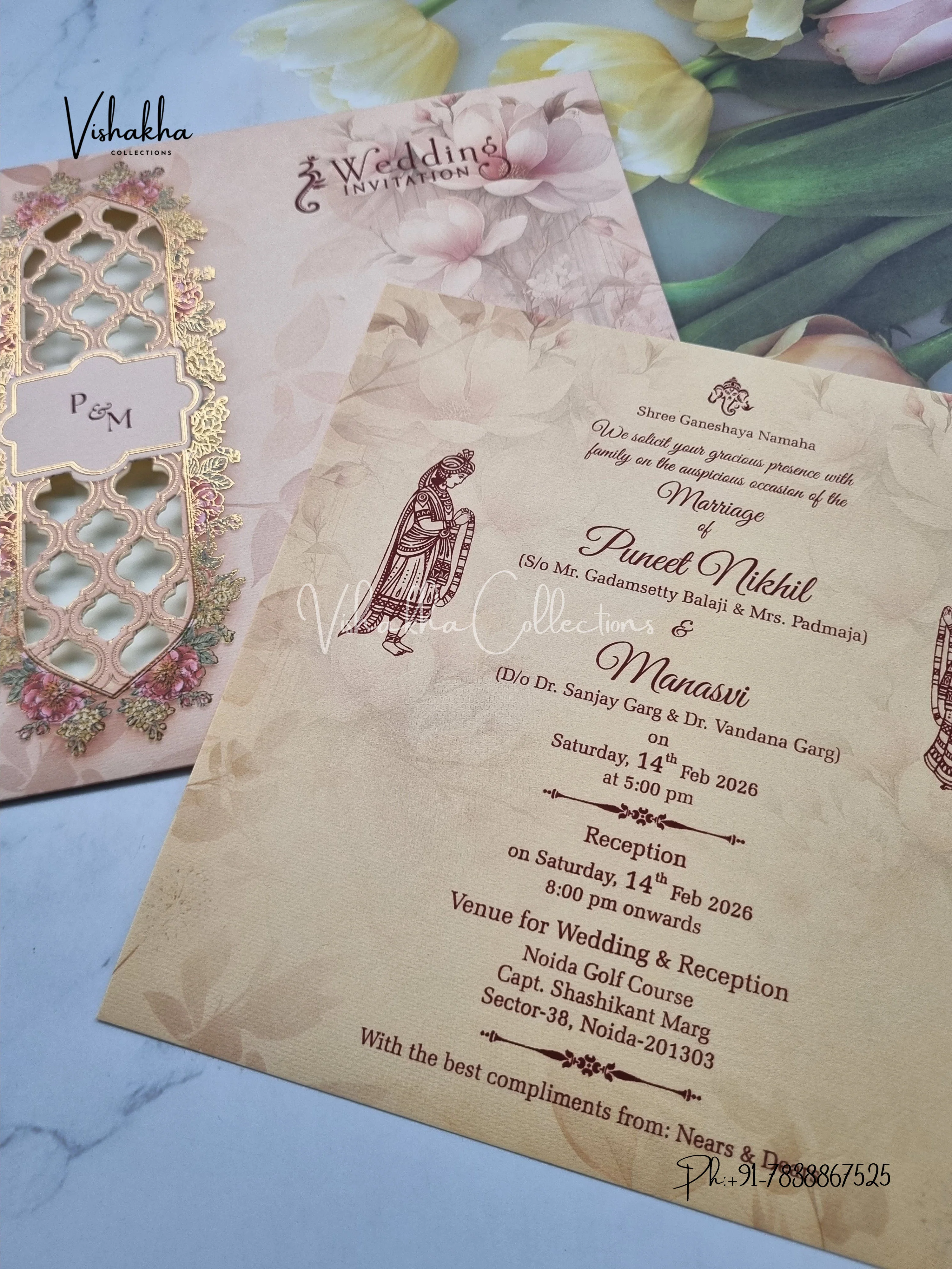 Single Insert Flower Hindu Muslim Christian Sikh invitation Cards EJ-5072 - Image 2