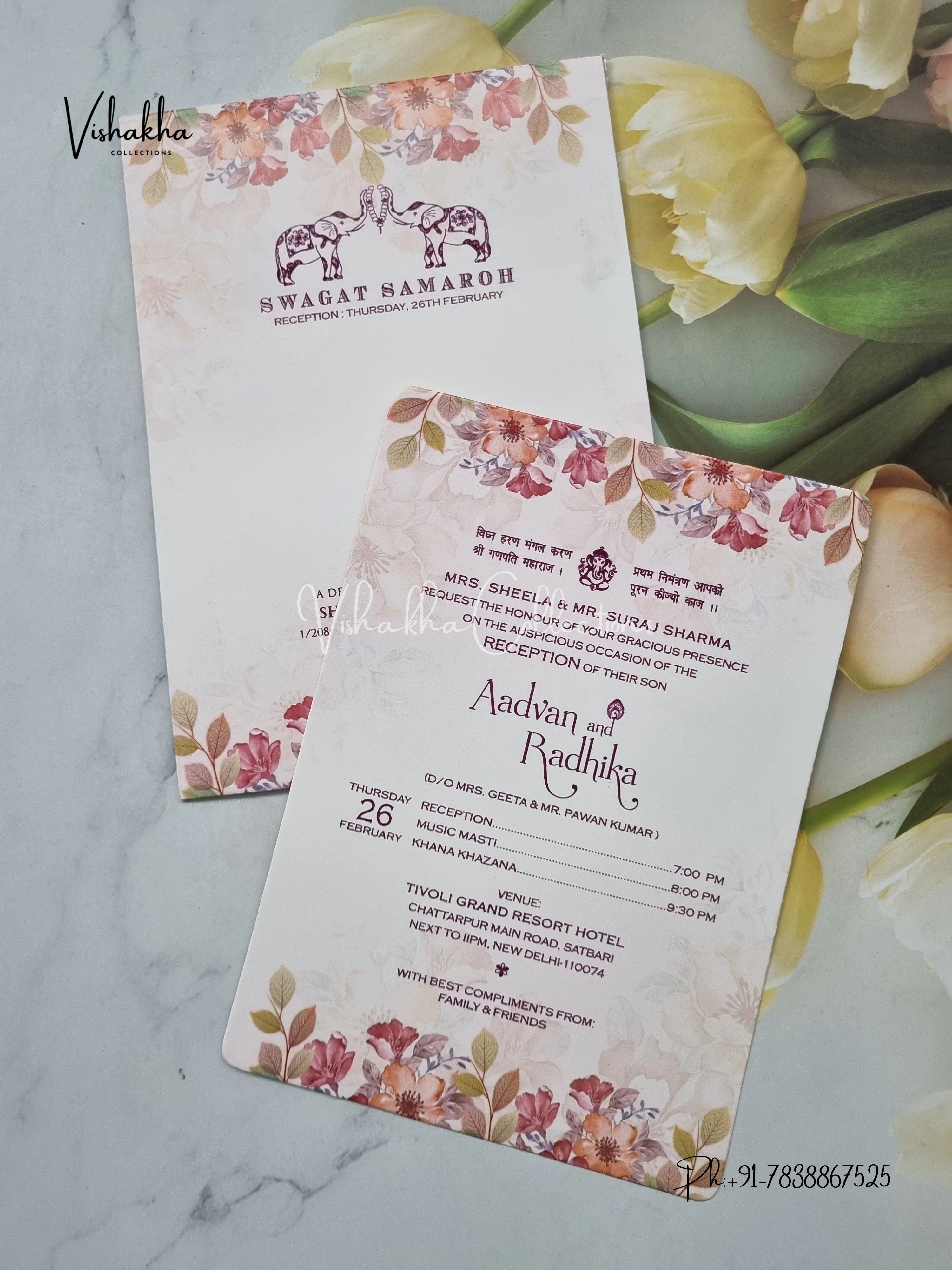 Single Insert Flower Hindu Muslim Christian Sikh invitation Cards EJ-5224 - Image 3